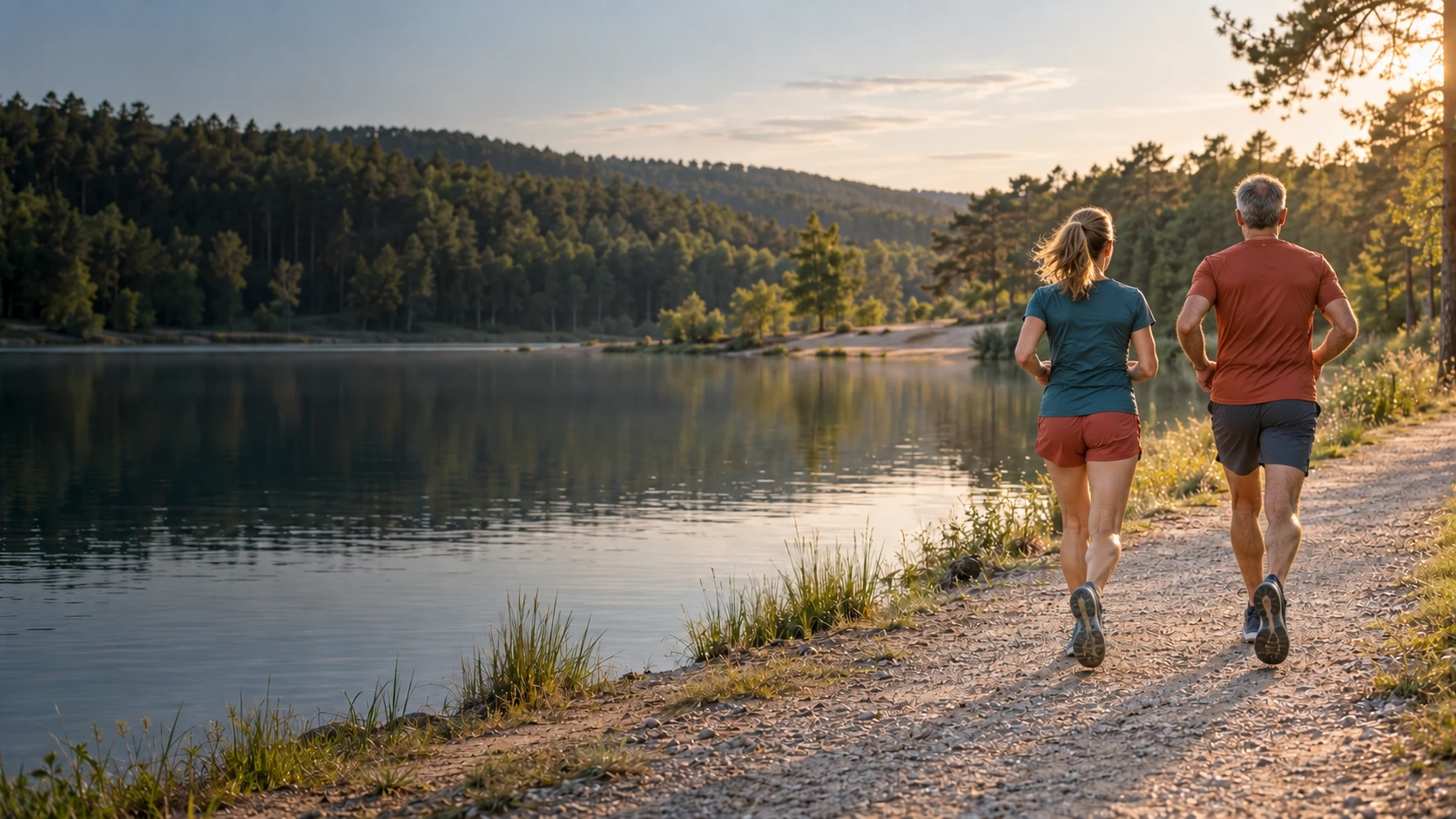 Zwei Freizeitsportler laufen gemeinsam am See, von hinten gesehen
